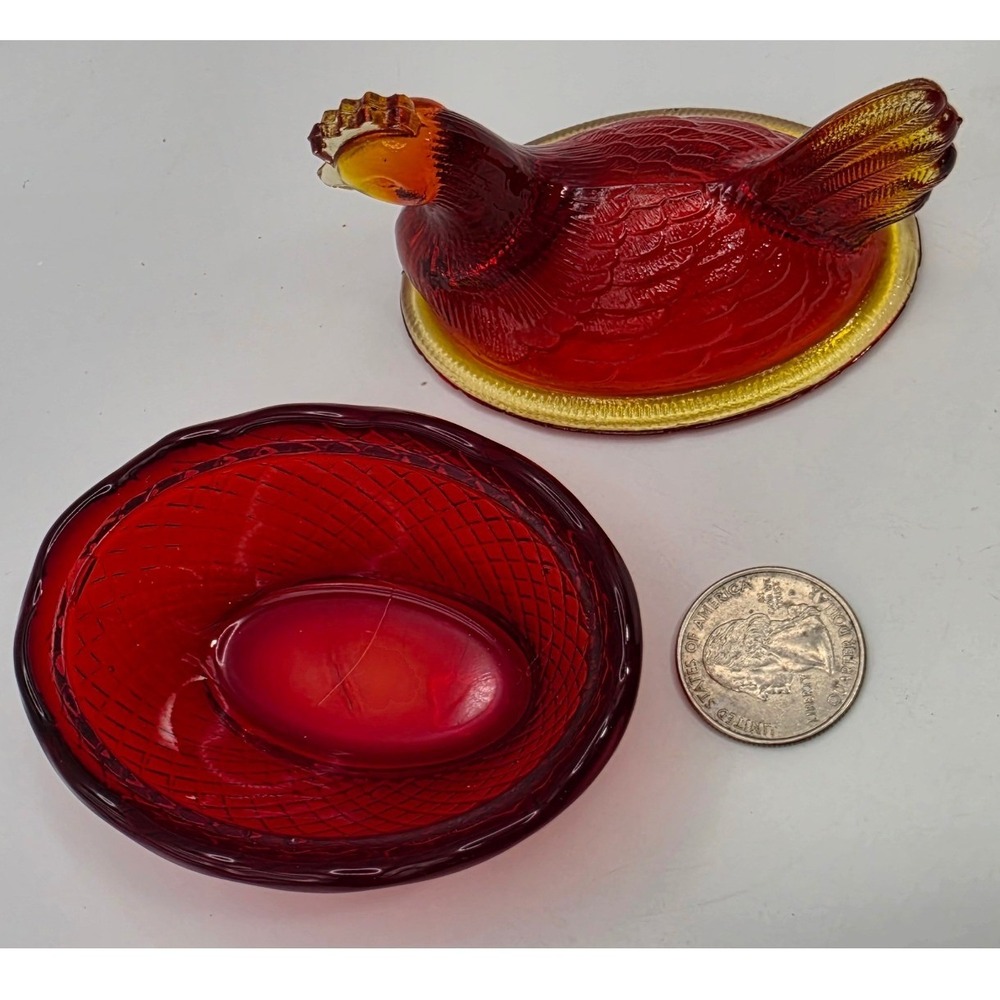 READ LOOK Vtg Smith Red Amberina Glass Hen on Nest Mini Trinket Dish Salt Cellar - Picture 8 of 14